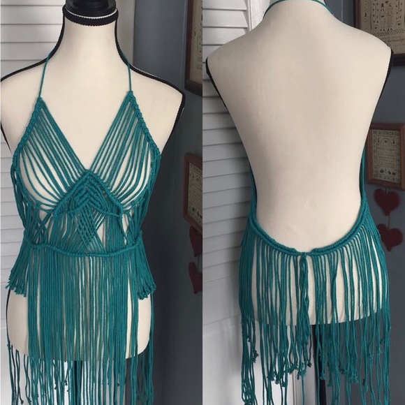 Handmade Teal Fringe Halter Beach Macrame Dress - Picture 2 of 9